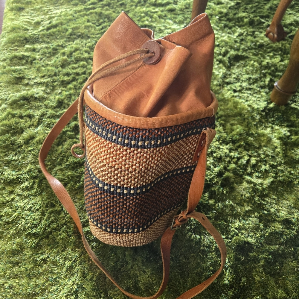 Brown and Tan Woven Bucket Bag